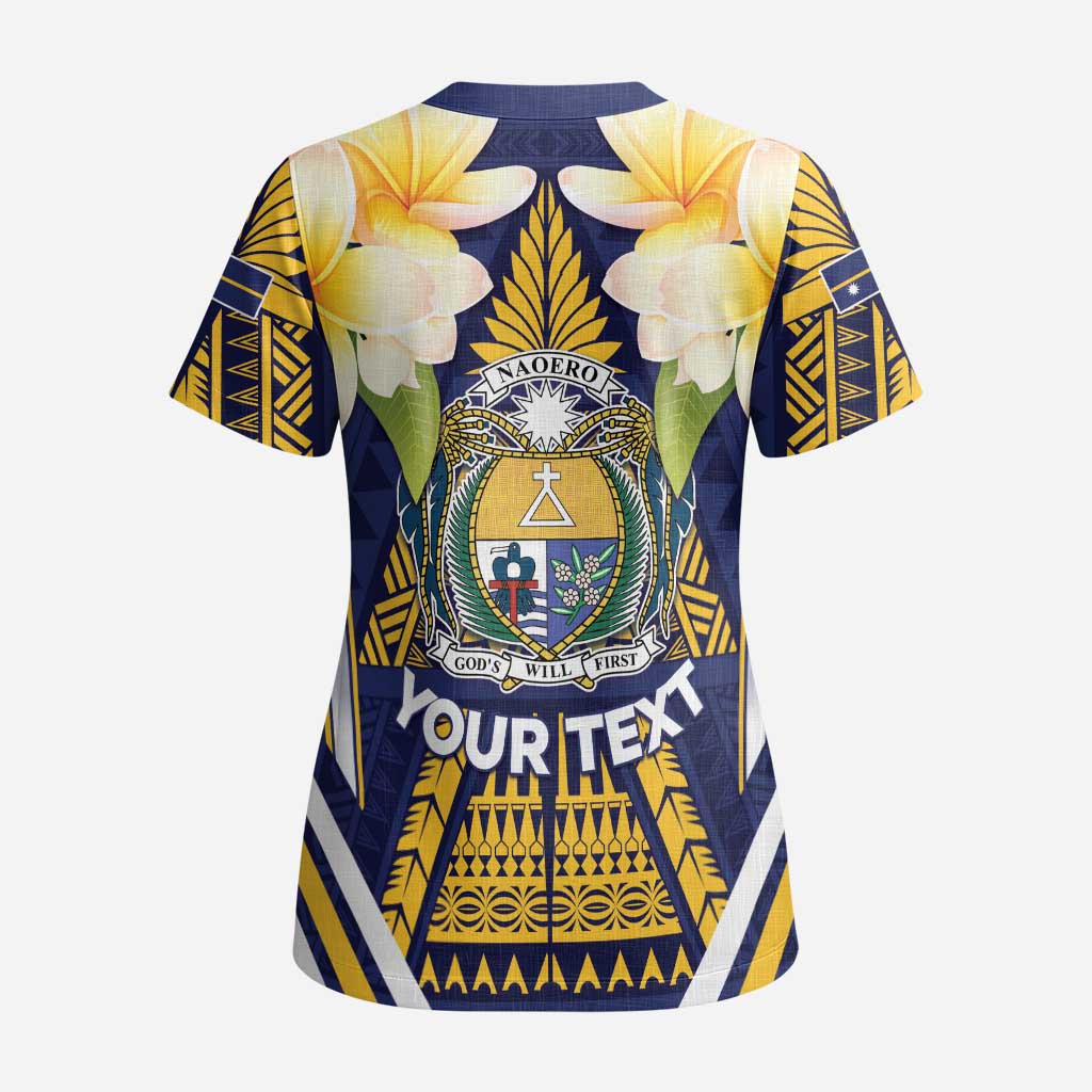 Personalised Nauru Independence Day Scrub Top Coat Of Arms With Plumeria - Polynesian Pride
