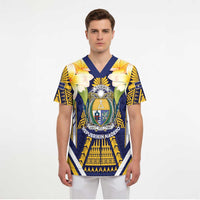 Personalised Nauru Independence Day Scrub Top Coat Of Arms With Plumeria - Polynesian Pride