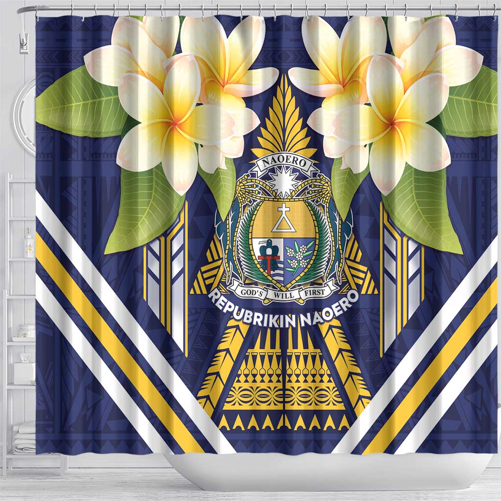 Nauru Independence Day Shower Curtain Coat Of Arms With Plumeria - Polynesian Pride