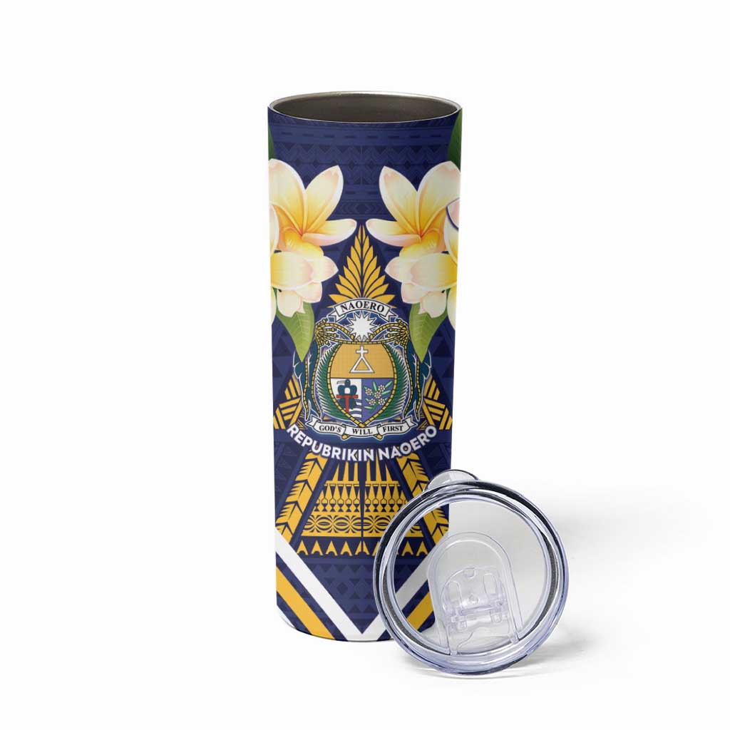 Personalised Nauru Independence Day Skinny Tumbler Coat Of Arms With Plumeria - Polynesian Pride