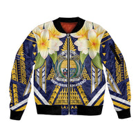 Personalised Nauru Independence Day Sleeve Zip Bomber Jacket Coat Of Arms With Plumeria - Polynesian Pride
