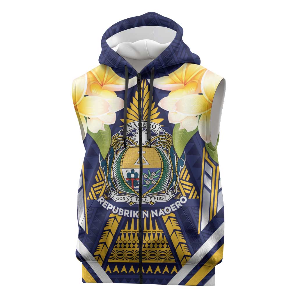 Personalised Nauru Independence Day Sleeveless Zip Hoodie Coat Of Arms With Plumeria - Polynesian Pride