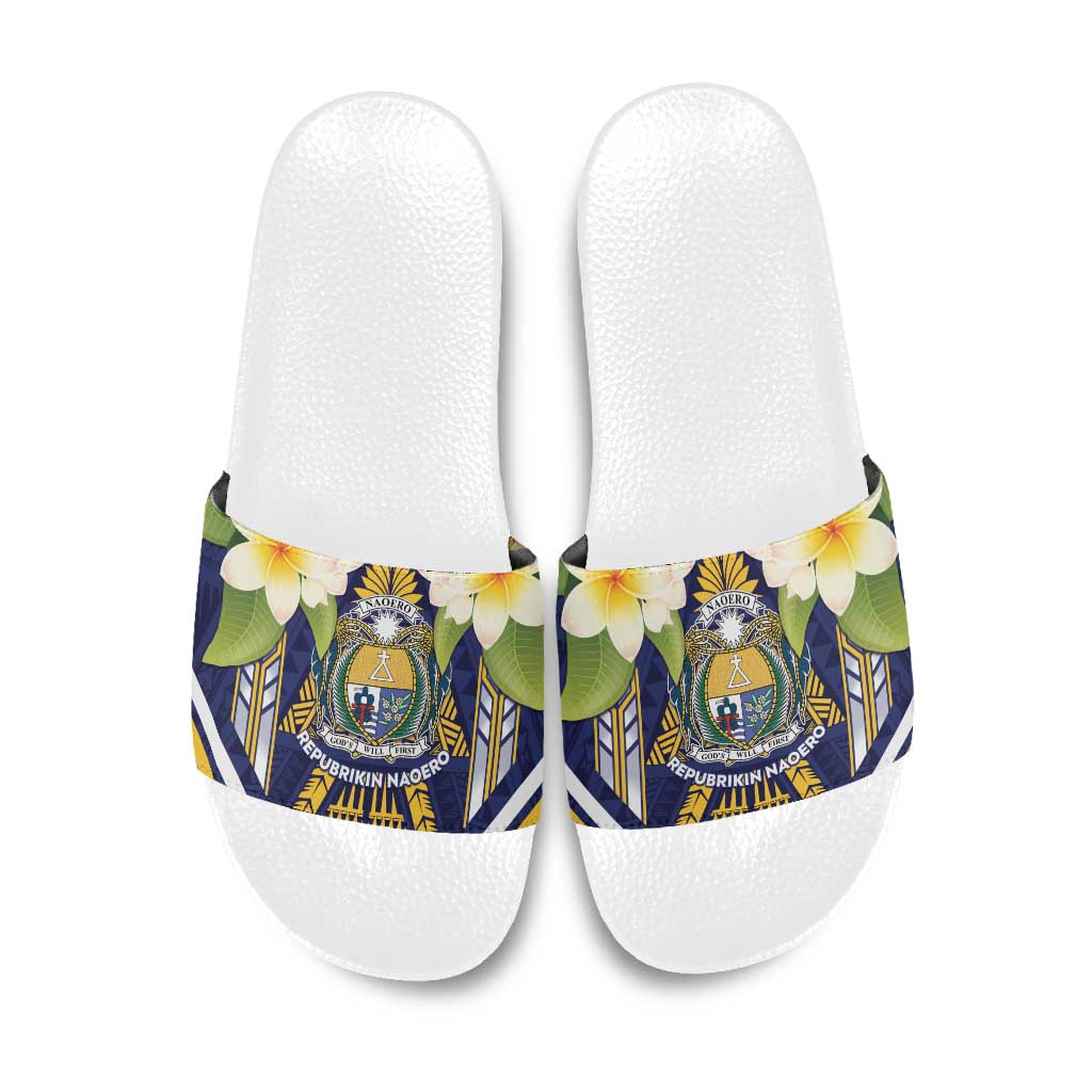 Nauru Independence Day Slide Sandals Coat Of Arms With Plumeria - Polynesian Pride