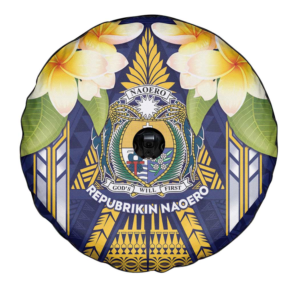 Nauru Independence Day Spare Tire Cover Coat Of Arms With Plumeria - Polynesian Pride