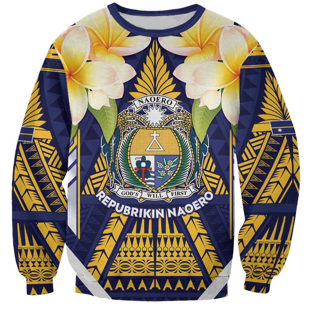 Personalised Nauru Independence Day Sweatshirt Coat Of Arms With Plumeria - Polynesian Pride