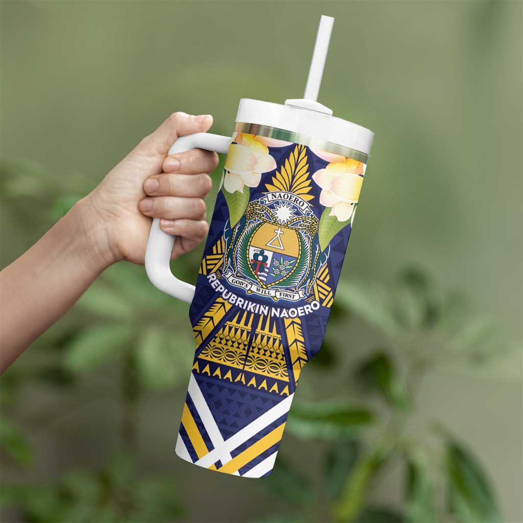 Personalised Nauru Independence Day Tumbler With Handle Coat Of Arms With Plumeria - Polynesian Pride