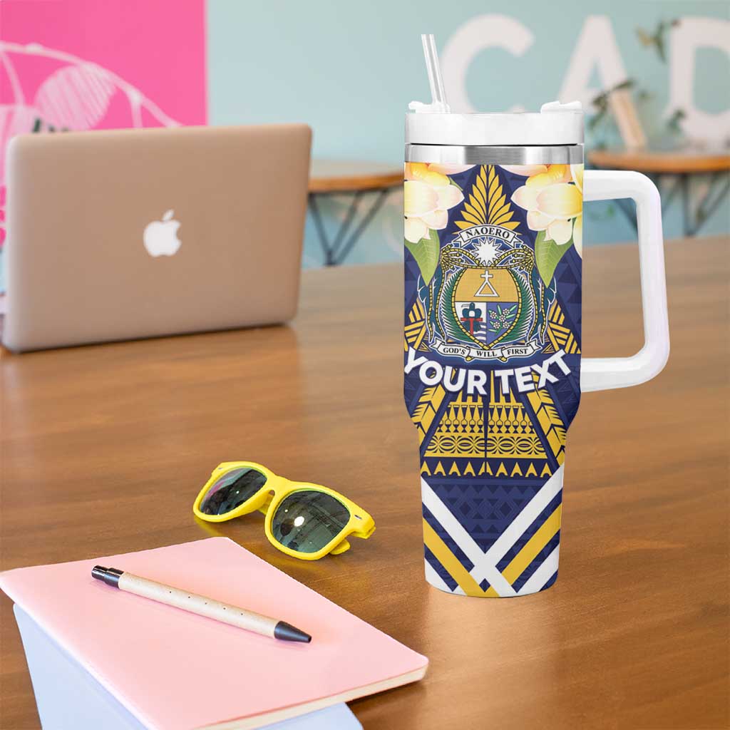 Personalised Nauru Independence Day Tumbler With Handle Coat Of Arms With Plumeria - Polynesian Pride