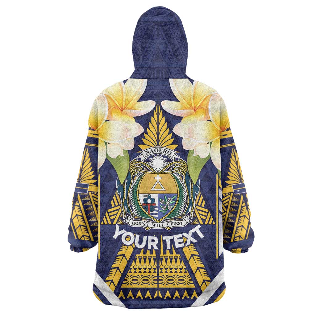 Personalised Nauru Independence Day Wearable Blanket Hoodie Coat Of Arms With Plumeria - Polynesian Pride