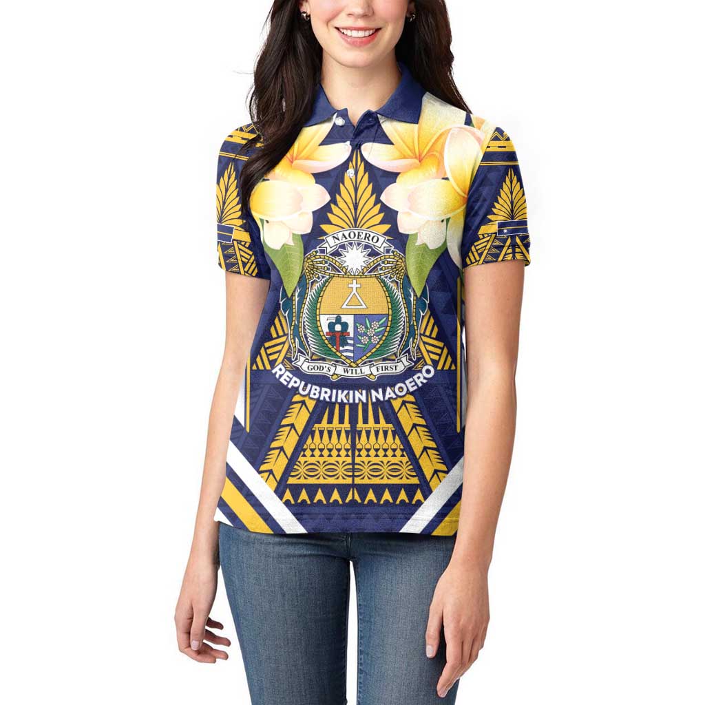 Personalised Nauru Independence Day Women Polo Shirt Coat Of Arms With Plumeria - Polynesian Pride