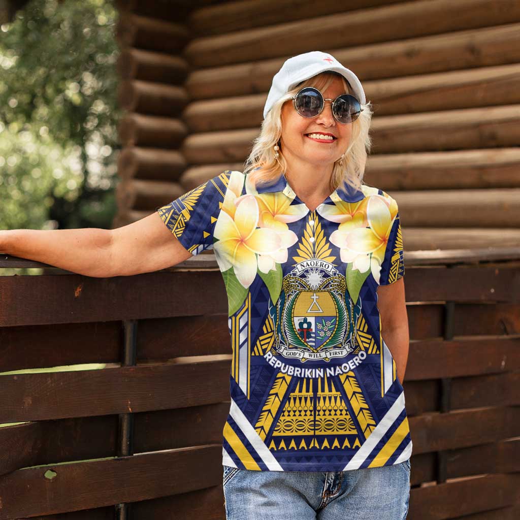 Personalised Nauru Independence Day Women Polo Shirt Coat Of Arms With Plumeria - Polynesian Pride