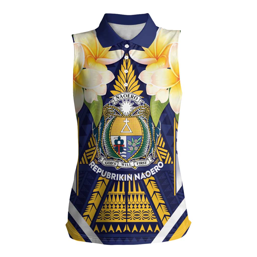 Personalised Nauru Independence Day Women Sleeveless Polo Shirt Coat Of Arms With Plumeria - Polynesian Pride