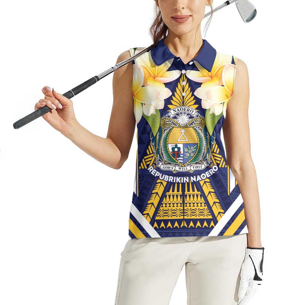 Personalised Nauru Independence Day Women Sleeveless Polo Shirt Coat Of Arms With Plumeria - Polynesian Pride