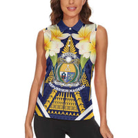 Personalised Nauru Independence Day Women Sleeveless Polo Shirt Coat Of Arms With Plumeria - Polynesian Pride