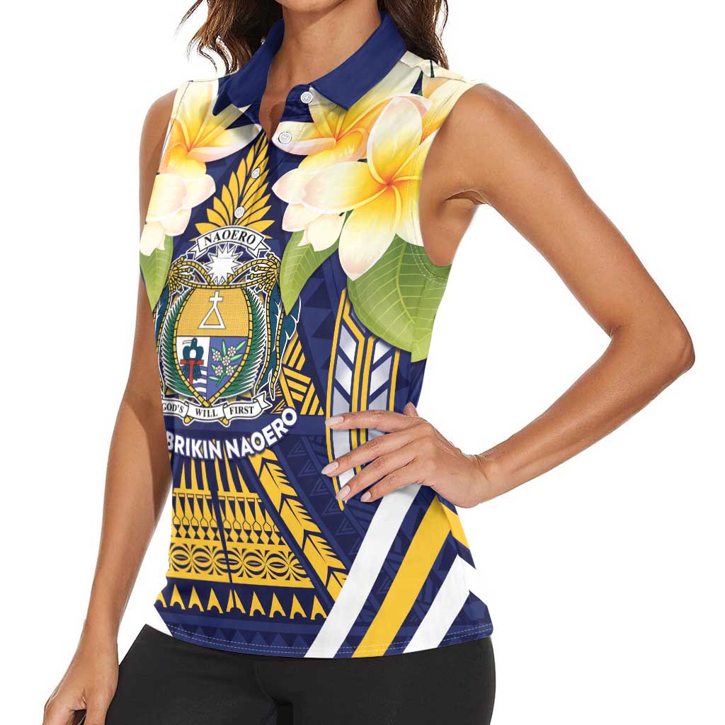 Personalised Nauru Independence Day Women Sleeveless Polo Shirt Coat Of Arms With Plumeria - Polynesian Pride