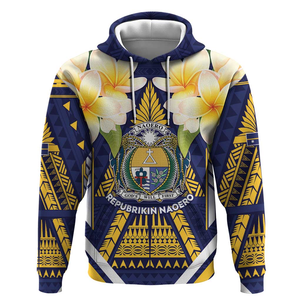 Personalised Nauru Independence Day Zip Hoodie Coat Of Arms With Plumeria - Polynesian Pride