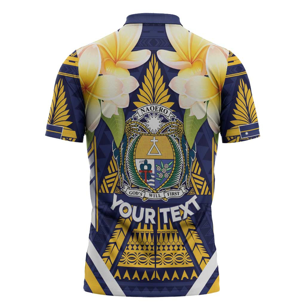 Personalised Nauru Independence Day Zipper Polo Shirt Coat Of Arms With Plumeria - Polynesian Pride