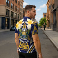 Personalised Nauru Independence Day Zipper Polo Shirt Coat Of Arms With Plumeria - Polynesian Pride