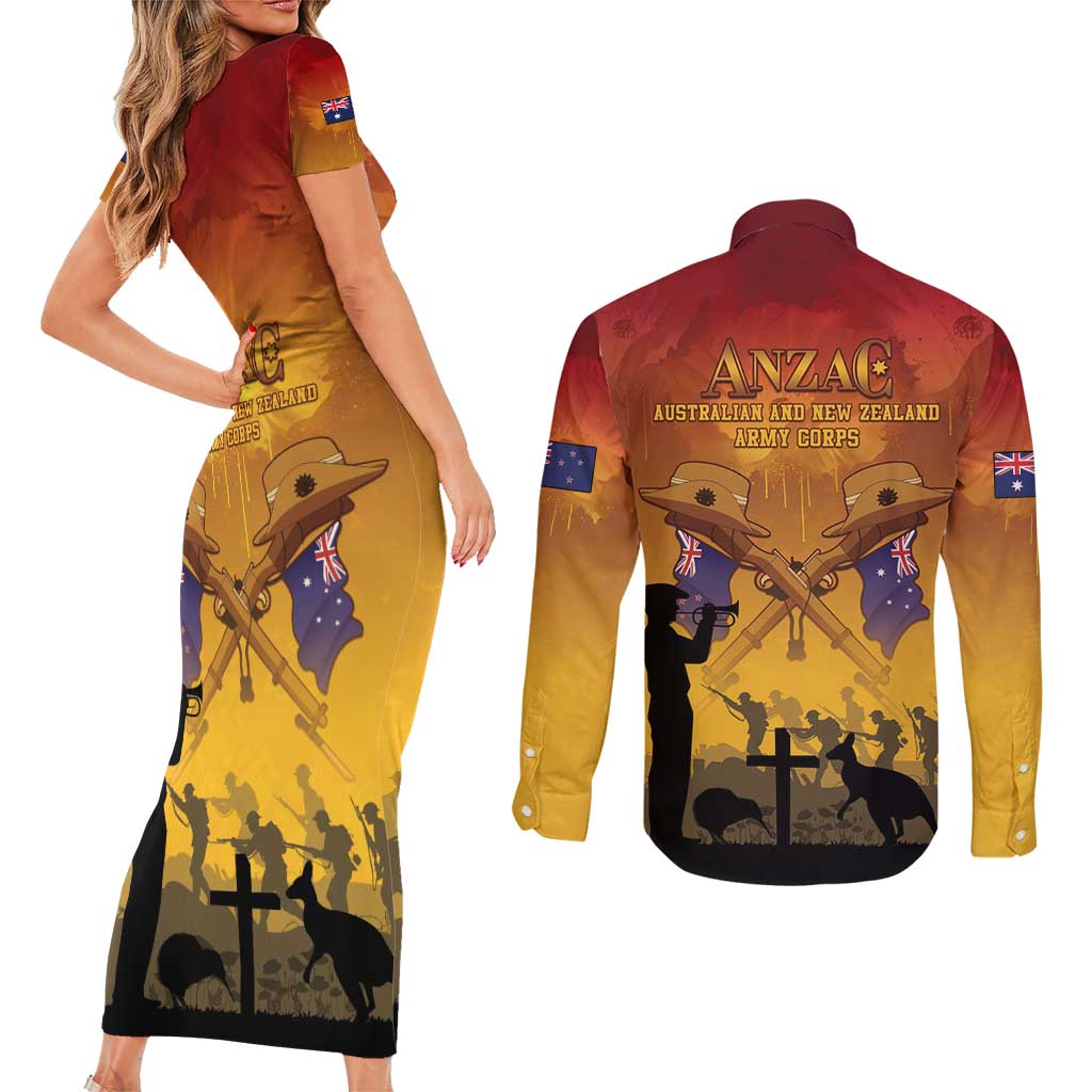 ANZAC Day Couples Matching Short Sleeve Bodycon Dress and Long Sleeve Button Shirt Australia And New Zealand Slouch Hats