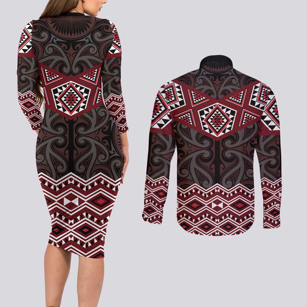 New Zealand Aotearoa Couples Matching Long Sleeve Bodycon Dress and Long Sleeve Button Shirt Red Taniko Art Maori Pattern