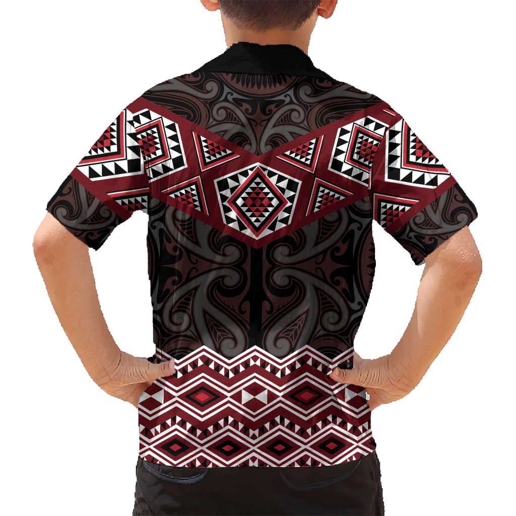 New Zealand Aotearoa Family Matching Puletasi and Hawaiian Shirt Red Taniko Art Maori Pattern