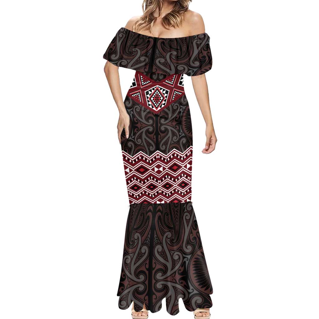 New Zealand Aotearoa Mermaid Dress Red Taniko Art Maori Pattern