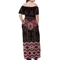 New Zealand Aotearoa Off Shoulder Maxi Dress Red Taniko Art Maori Pattern