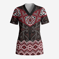 New Zealand Aotearoa Scrub Top Red Taniko Art Maori Pattern - Polynesian Pride