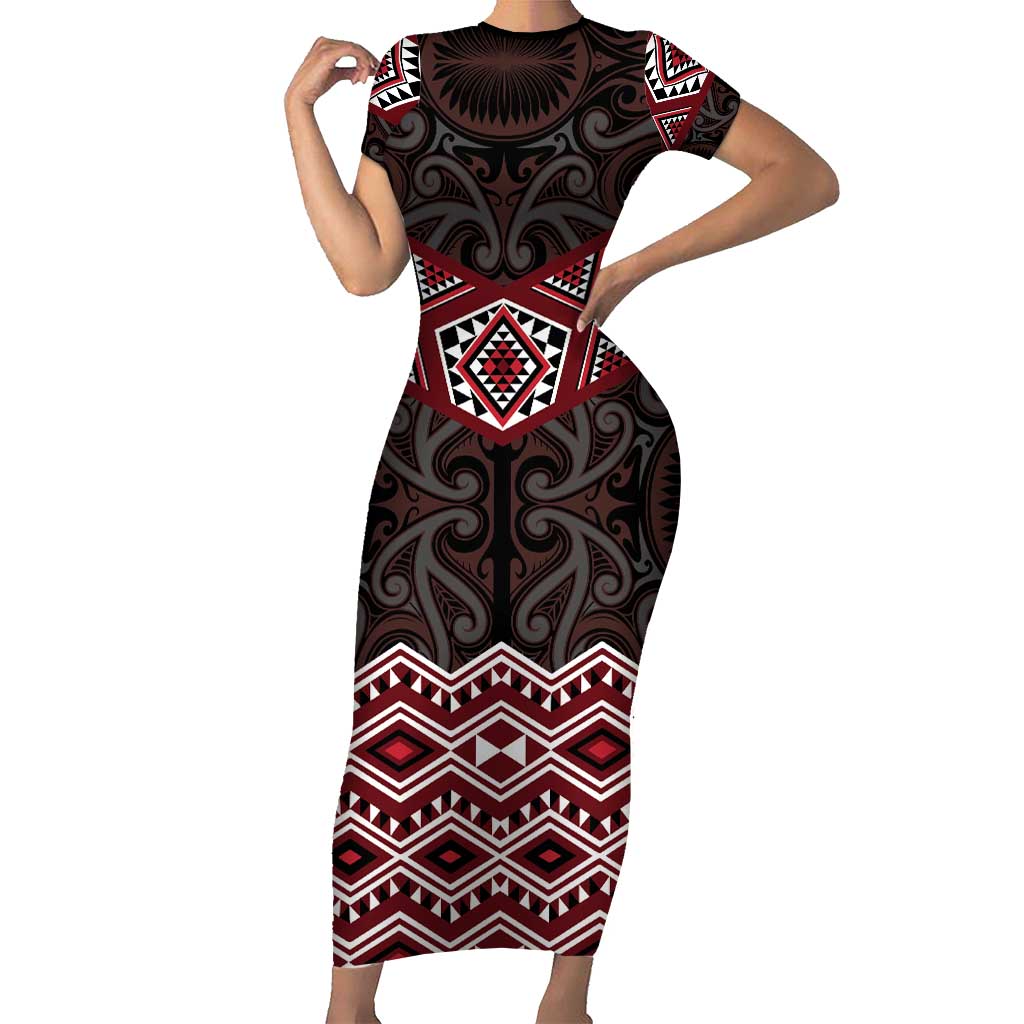 New Zealand Aotearoa Short Sleeve Bodycon Dress Red Taniko Art Maori Pattern LT05 Long Dress Red - Polynesian Pride