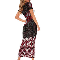 New Zealand Aotearoa Short Sleeve Bodycon Dress Red Taniko Art Maori Pattern LT05 - Polynesian Pride