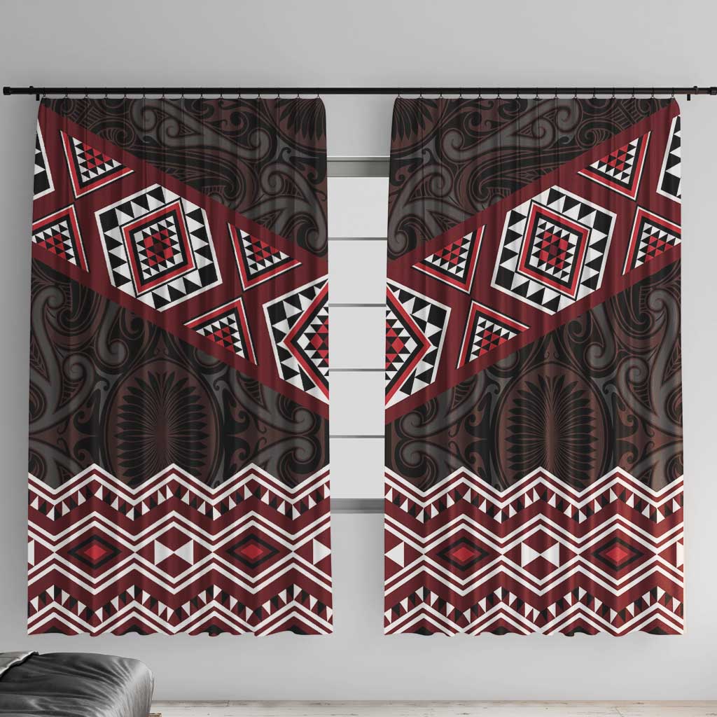 New Zealand Aotearoa Window Curtain Red Taniko Art Maori Pattern LT05 With Hooks Red - Polynesian Pride