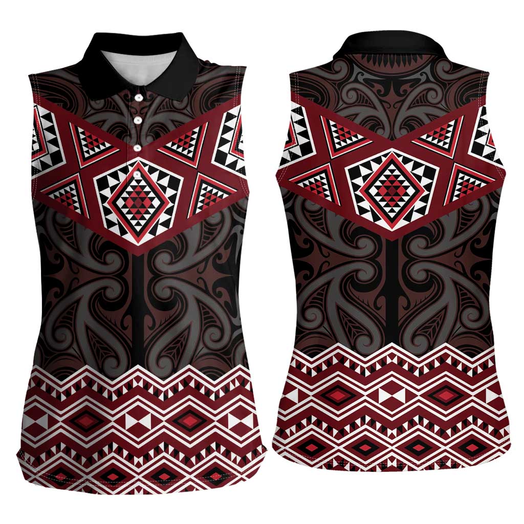 New Zealand Aotearoa Women Sleeveless Polo Shirt Red Taniko Art Maori Pattern