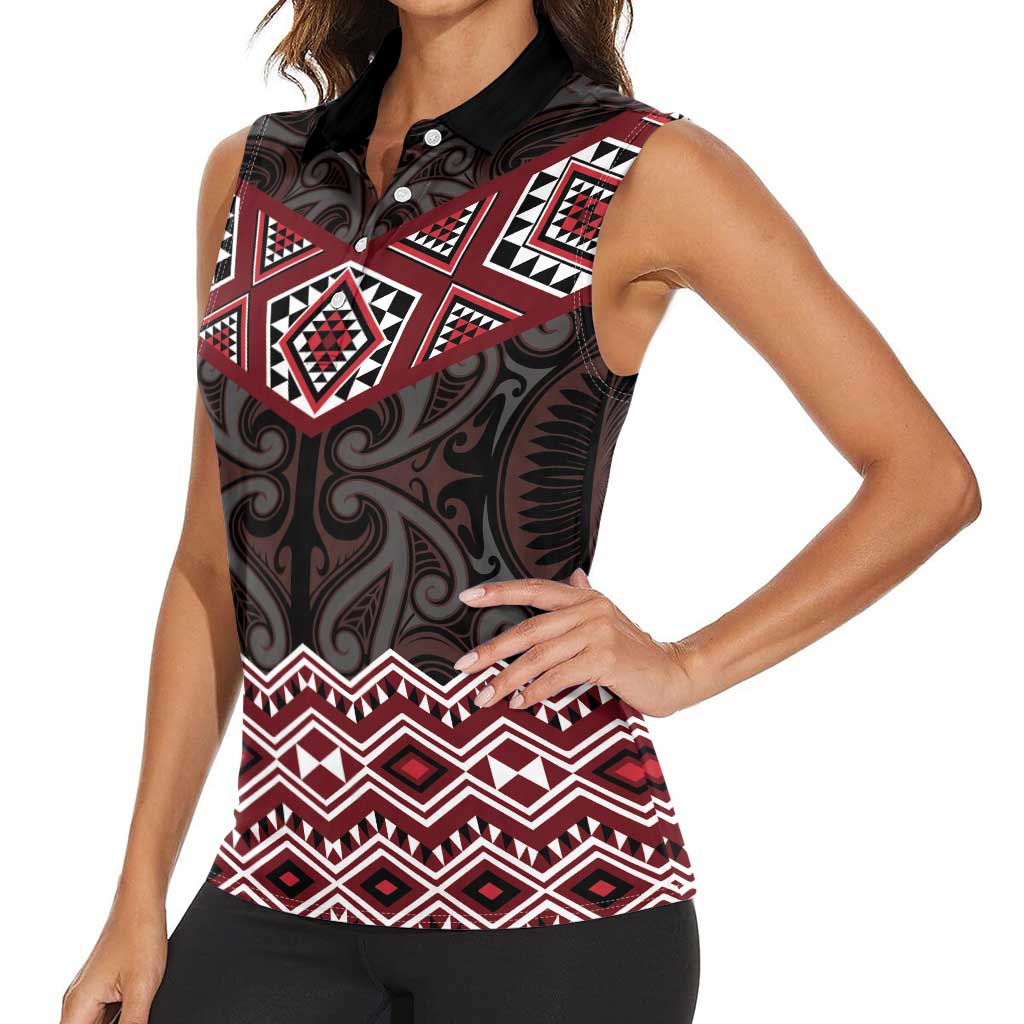 New Zealand Aotearoa Women Sleeveless Polo Shirt Red Taniko Art Maori Pattern