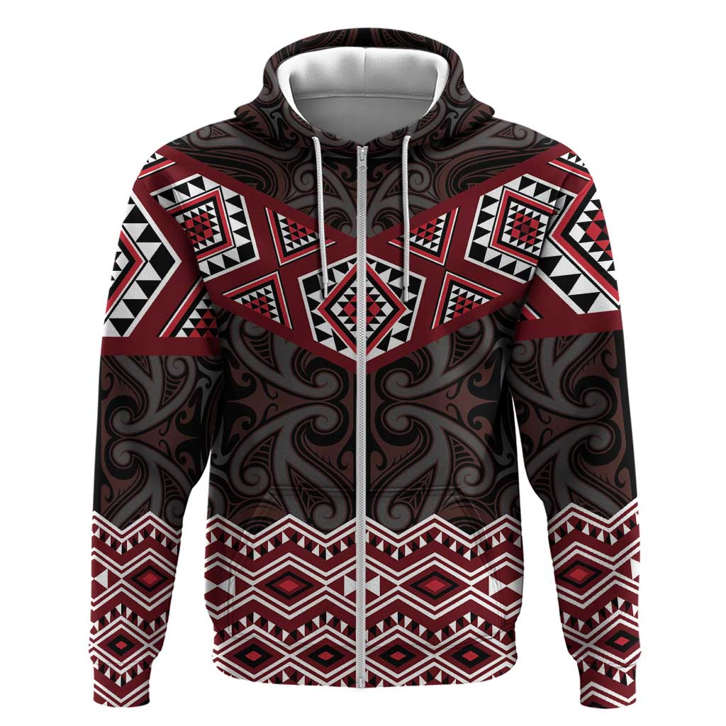 New Zealand Aotearoa Zip Hoodie Red Taniko Art Maori Pattern LT05 Zip Hoodie Red - Polynesian Pride