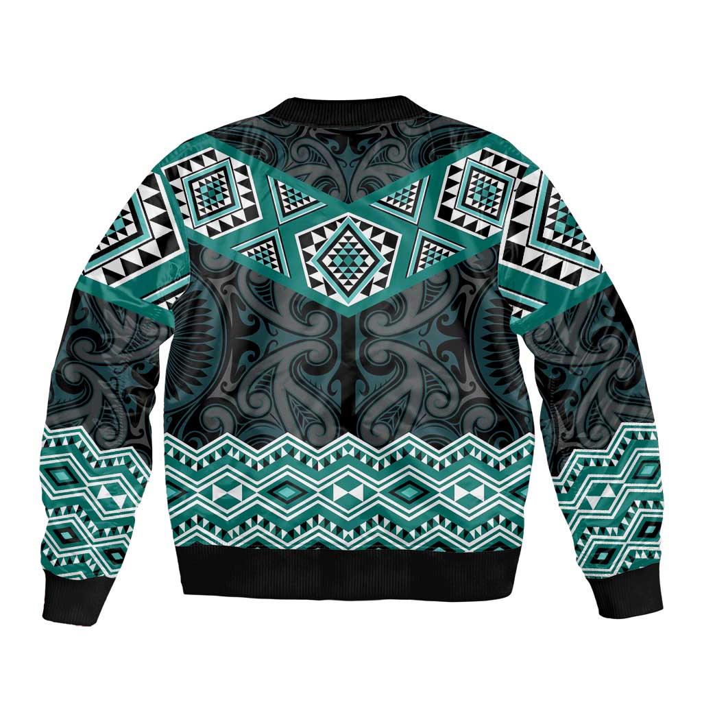 New Zealand Aotearoa Bomber Jacket Turquoise Taniko Art Maori Pattern