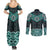 New Zealand Aotearoa Couples Matching Summer Maxi Dress and Long Sleeve Button Shirt Turquoise Taniko Art Maori Pattern