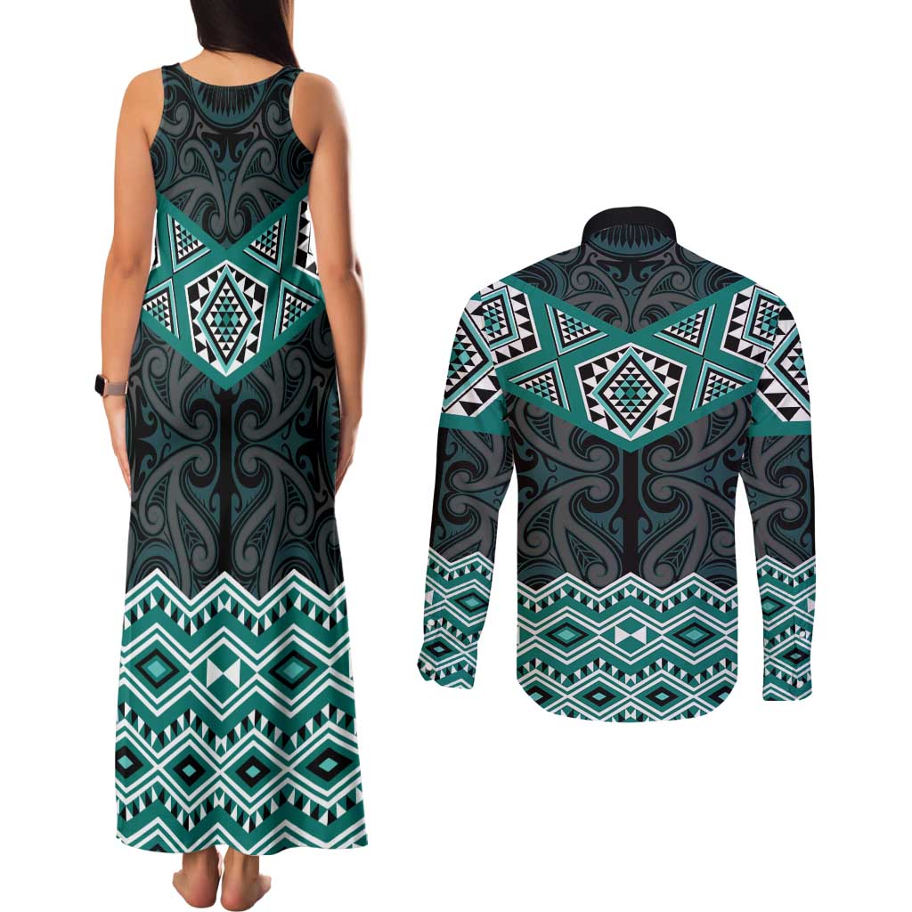 New Zealand Aotearoa Couples Matching Tank Maxi Dress and Long Sleeve Button Shirt Turquoise Taniko Art Maori Pattern