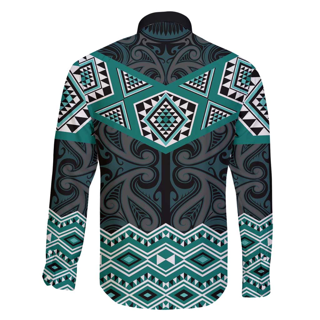 New Zealand Aotearoa Family Matching Long Sleeve Bodycon Dress and Hawaiian Shirt Turquoise Taniko Art Maori Pattern
