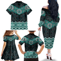 New Zealand Aotearoa Family Matching Off The Shoulder Long Sleeve Dress and Hawaiian Shirt Turquoise Taniko Art Maori Pattern