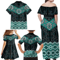 New Zealand Aotearoa Family Matching Off Shoulder Maxi Dress and Hawaiian Shirt Turquoise Taniko Art Maori Pattern