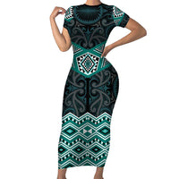 New Zealand Aotearoa Family Matching Short Sleeve Bodycon Dress and Hawaiian Shirt Turquoise Taniko Art Maori Pattern