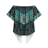 New Zealand Aotearoa Off Shoulder Wrap Waist Top Turquoise Taniko Art Maori Pattern LT05 - Polynesian Pride