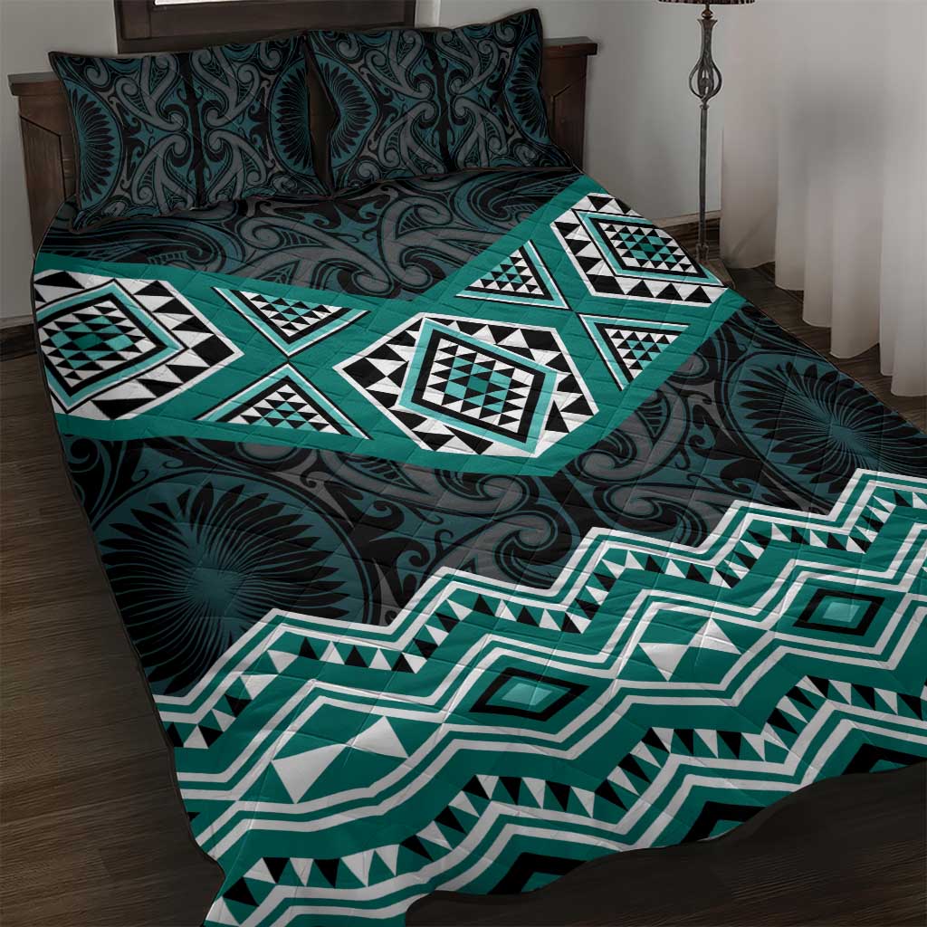 New Zealand Aotearoa Quilt Bed Set Turquoise Taniko Art Maori Pattern
