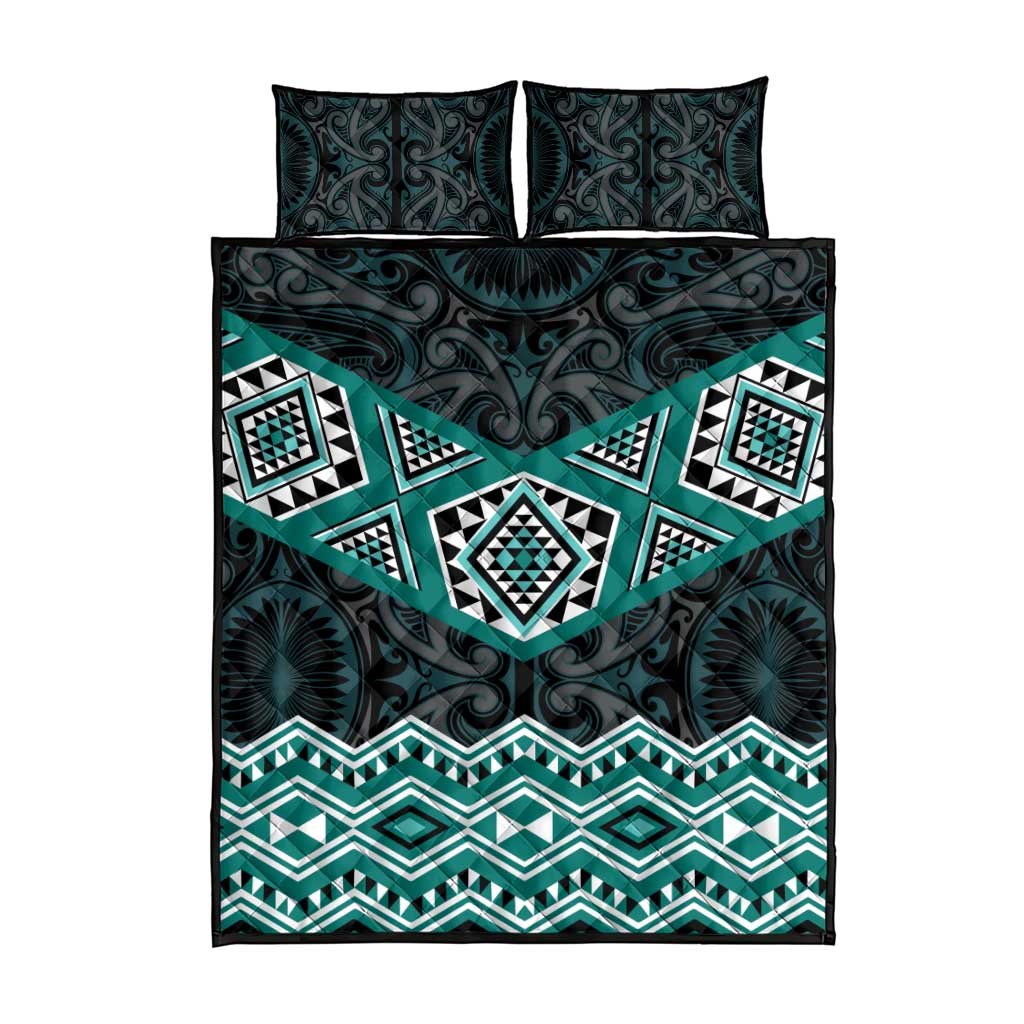 New Zealand Aotearoa Quilt Bed Set Turquoise Taniko Art Maori Pattern