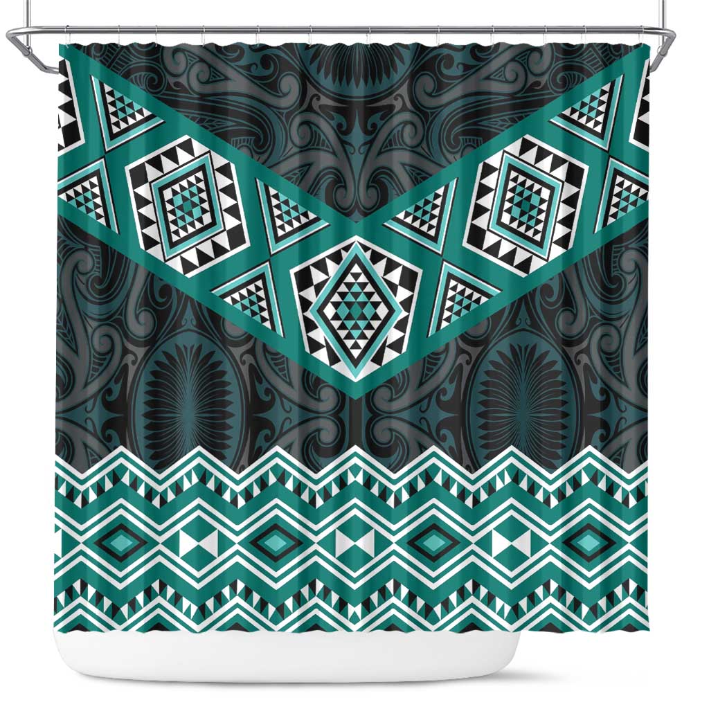 New Zealand Aotearoa Shower Curtain Turquoise Taniko Art Maori Pattern LT05 Turquoise - Polynesian Pride