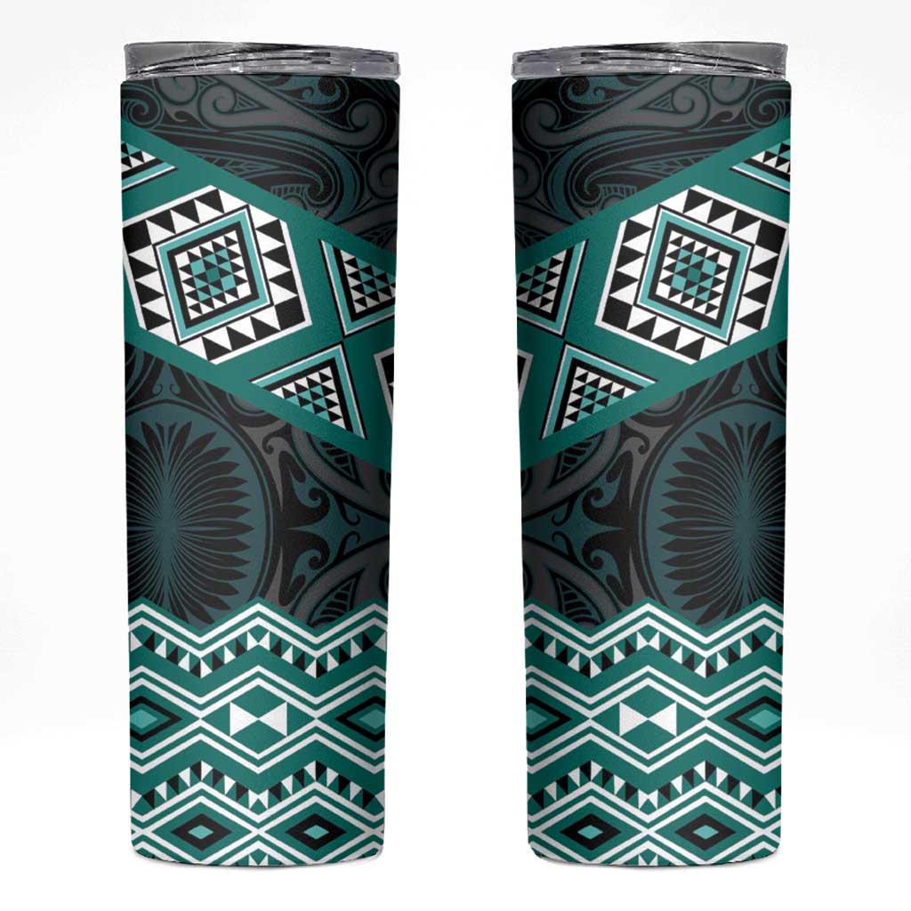 New Zealand Aotearoa Skinny Tumbler Turquoise Taniko Art Maori Pattern