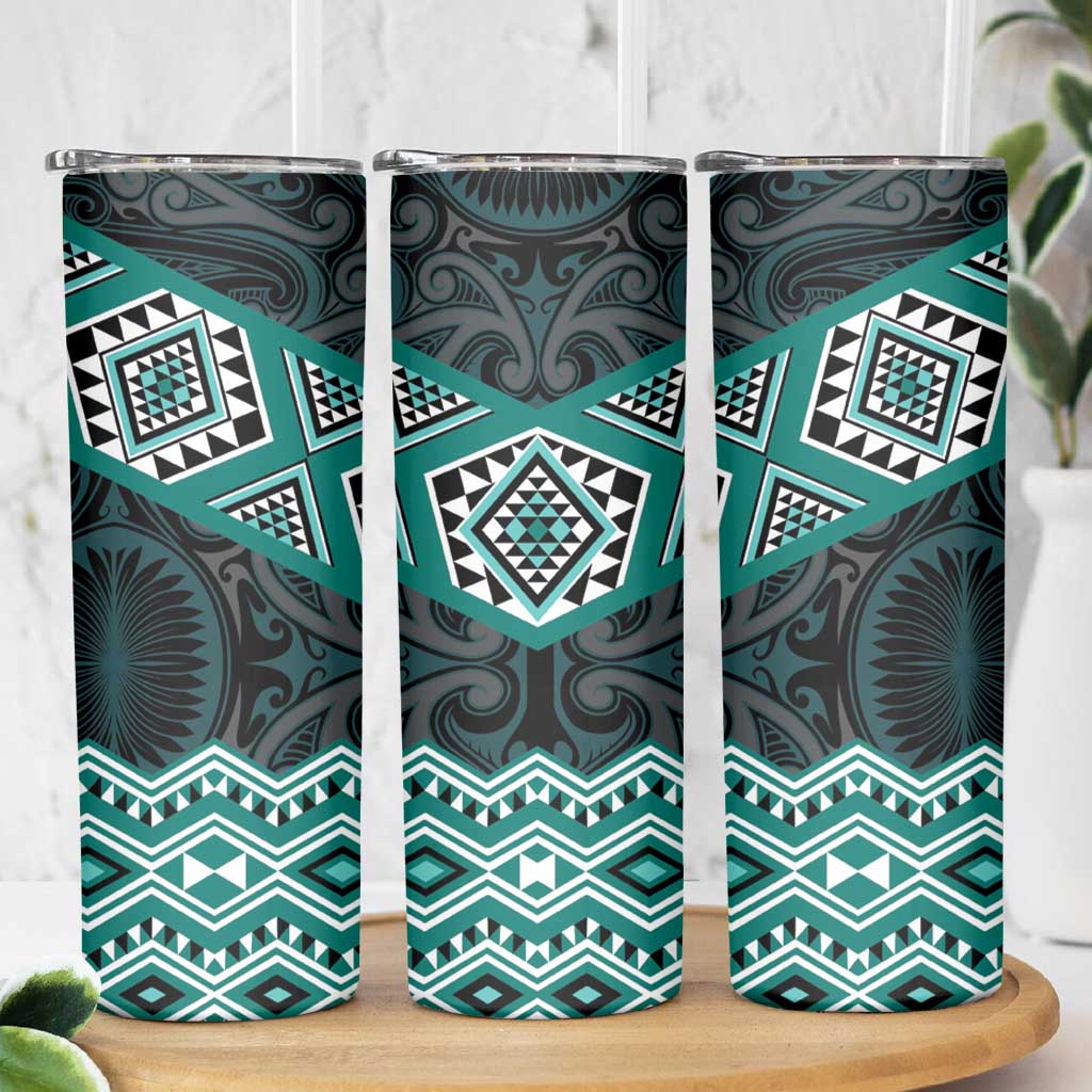 New Zealand Aotearoa Skinny Tumbler Turquoise Taniko Art Maori Pattern
