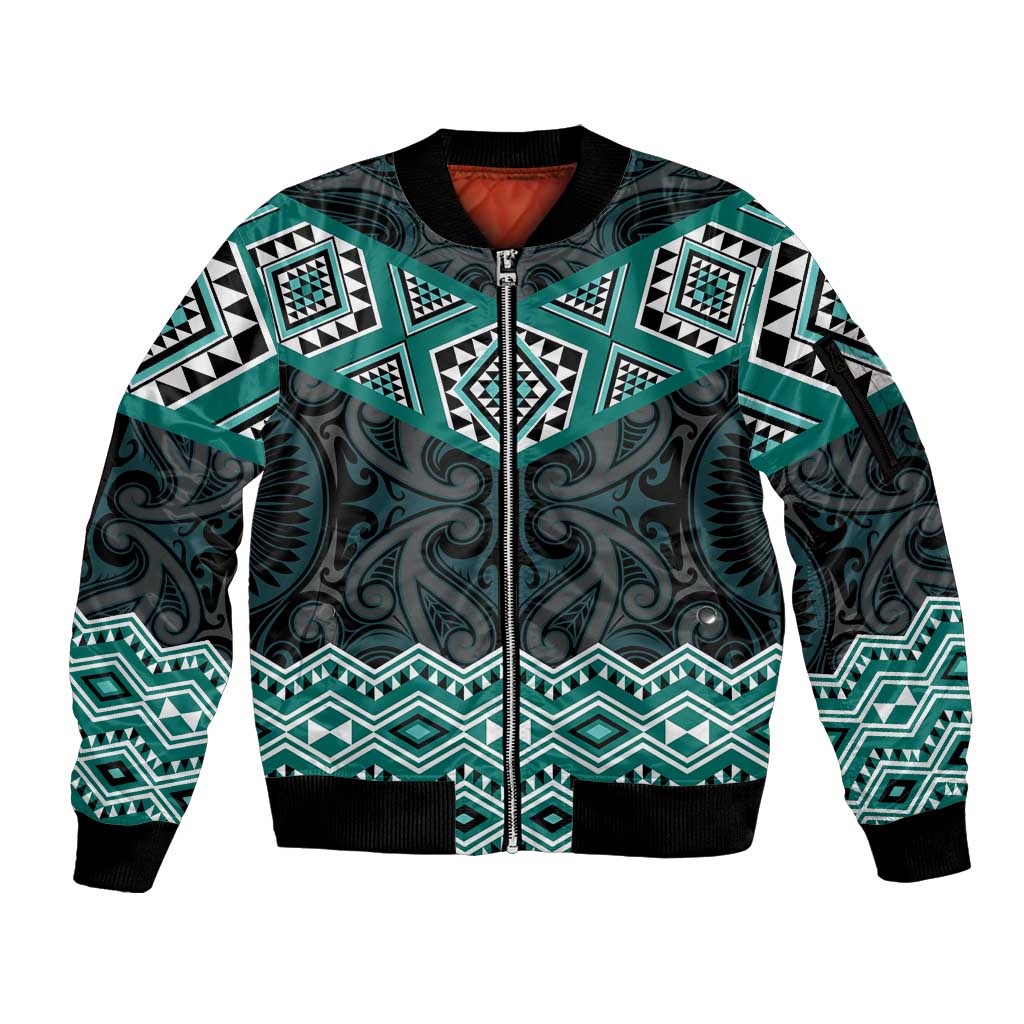 New Zealand Aotearoa Sleeve Zip Bomber Jacket Turquoise Taniko Art Maori Pattern LT05 Unisex Turquoise - Polynesian Pride