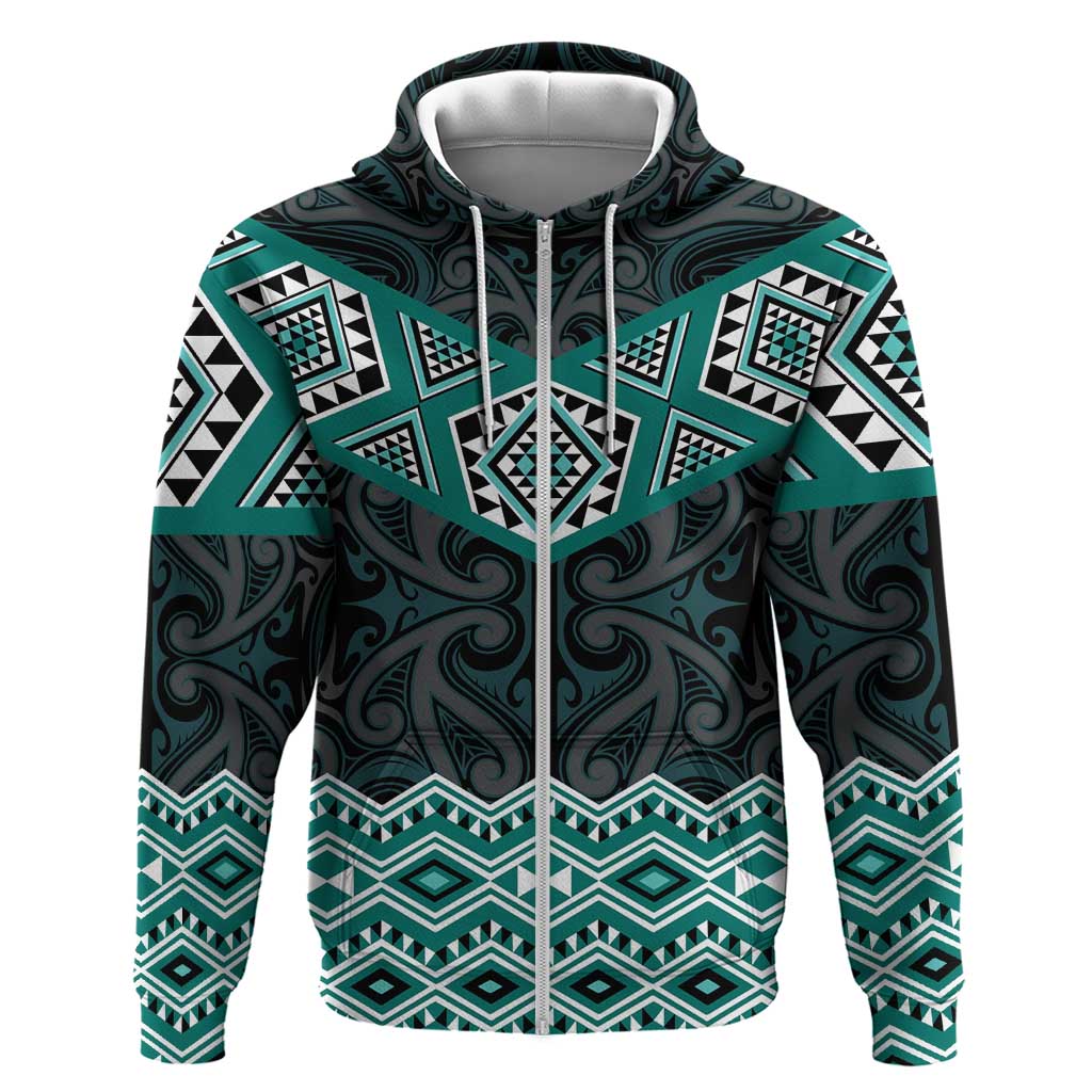 New Zealand Aotearoa Zip Hoodie Turquoise Taniko Art Maori Pattern LT05 Zip Hoodie Turquoise - Polynesian Pride