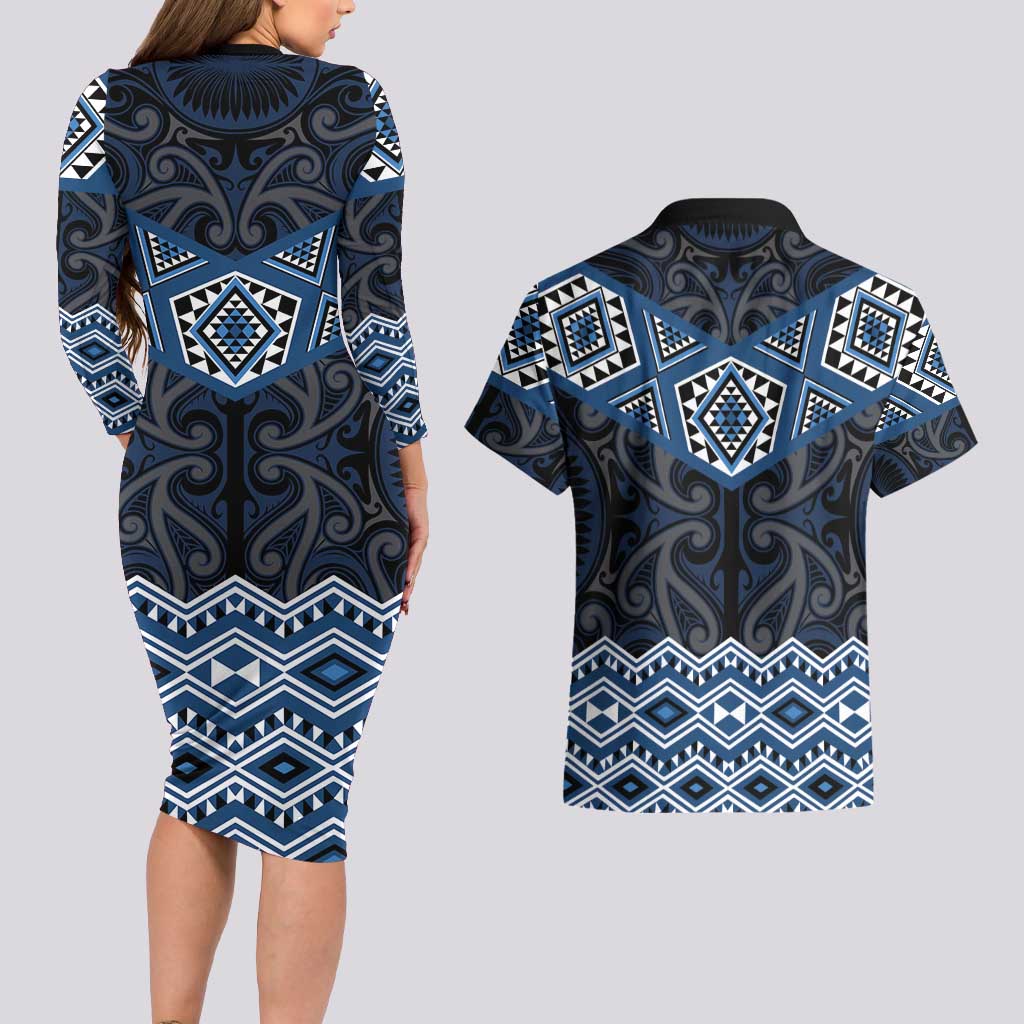 New Zealand Aotearoa Couples Matching Long Sleeve Bodycon Dress and Hawaiian Shirt Blue Taniko Art Maori Pattern