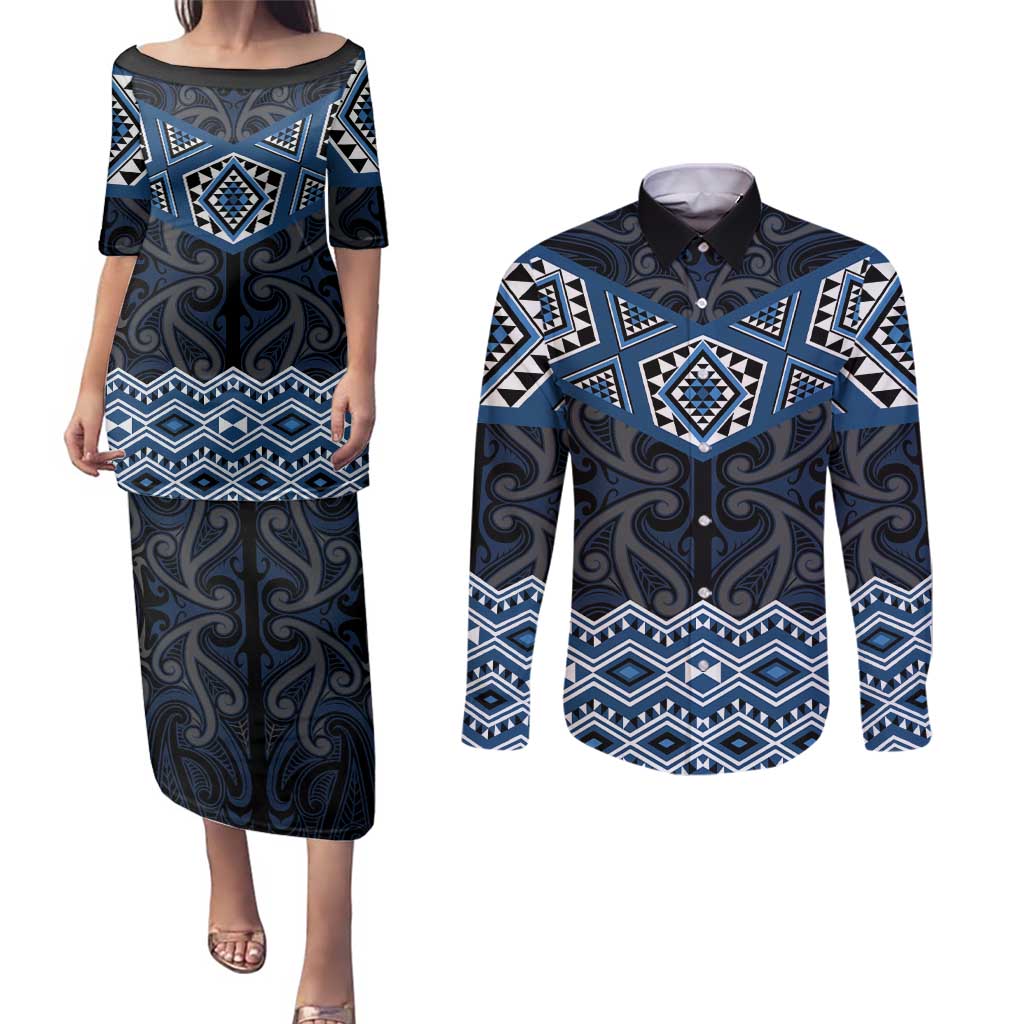 New Zealand Aotearoa Couples Matching Puletasi and Long Sleeve Button Shirt Blue Taniko Art Maori Pattern LT05 Blue - Polynesian Pride